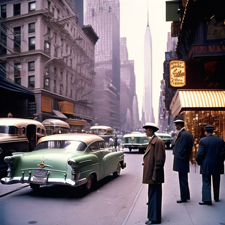 Vintage cars, pedestrians, and towering buildings on a bustling city street.