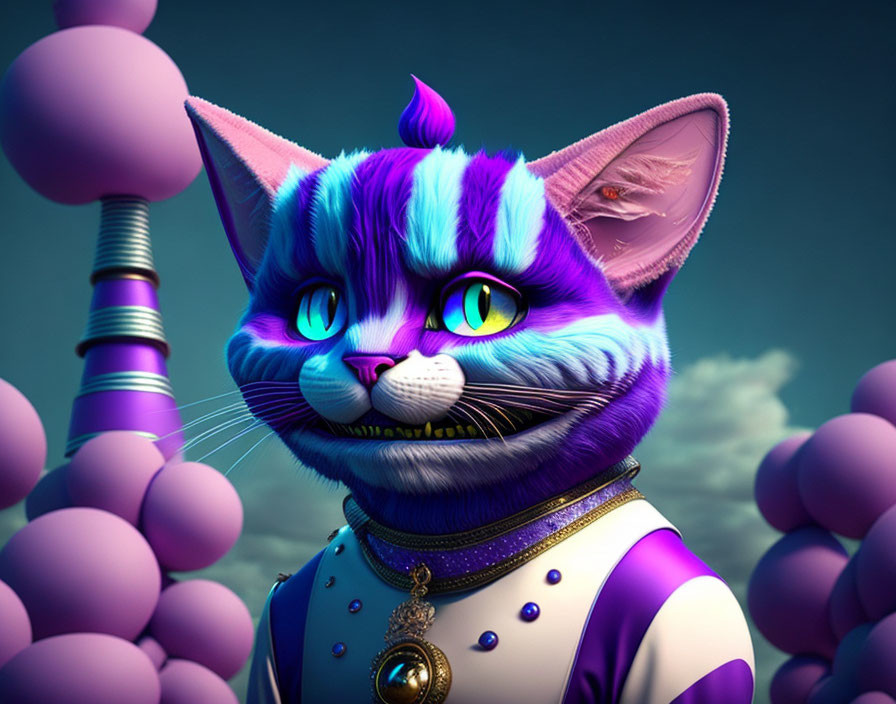 Stylized digital image of blue and purple striped cat in white and gold uniform against balloons and cloudy