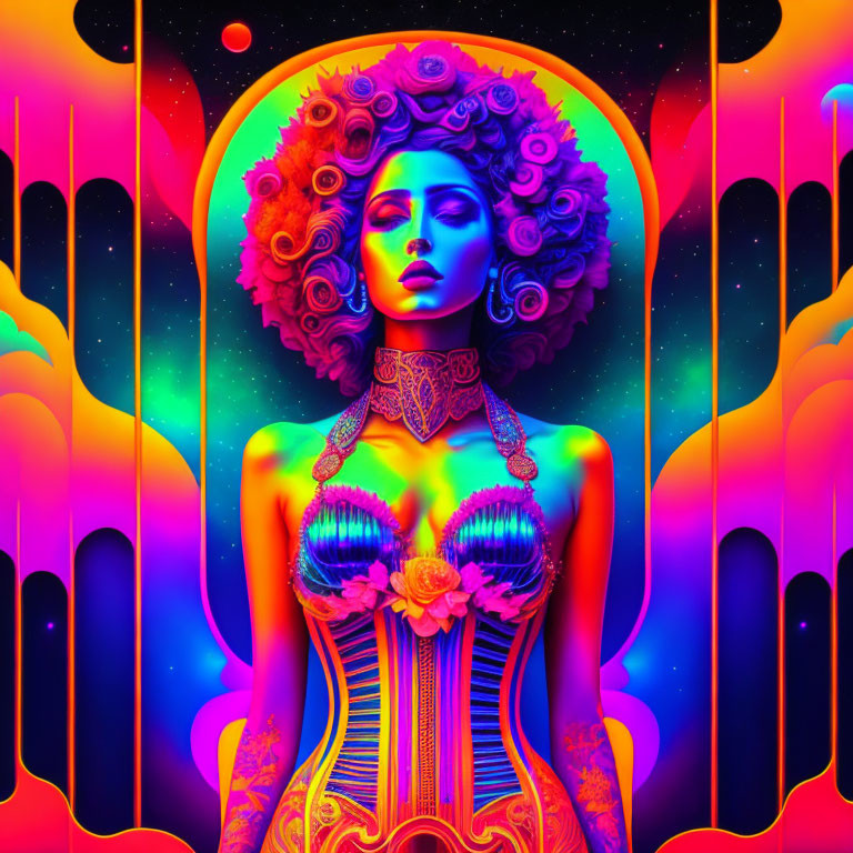 Colorful psychedelic portrait of woman with roses and body art on cosmic background