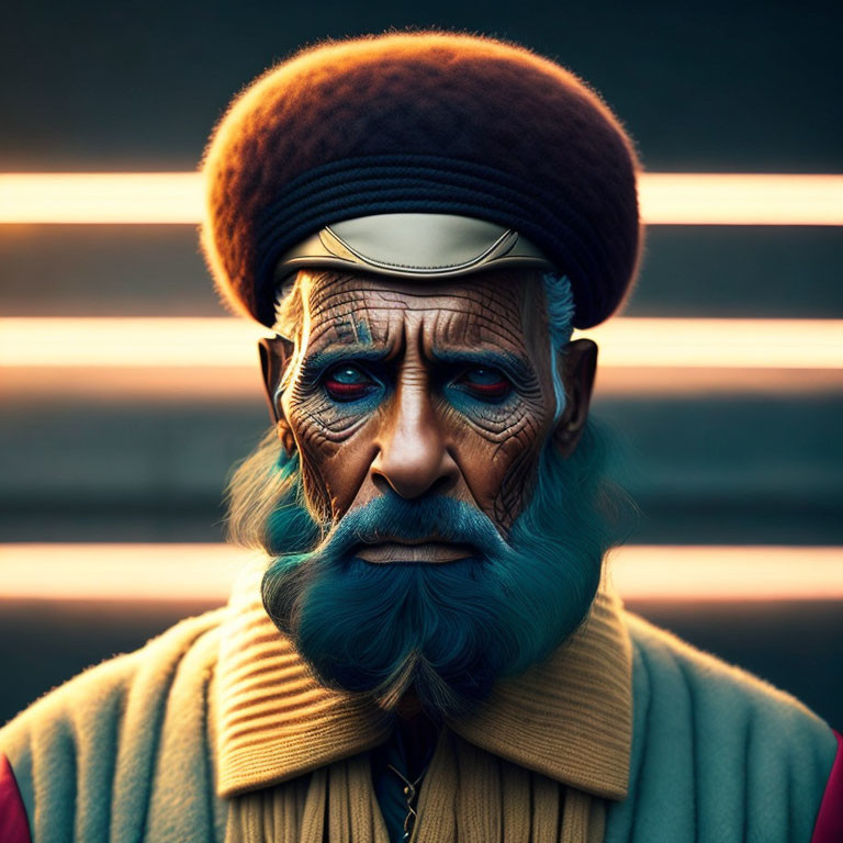 Elderly man with blue beard, facial tattoos, warm attire, and beret