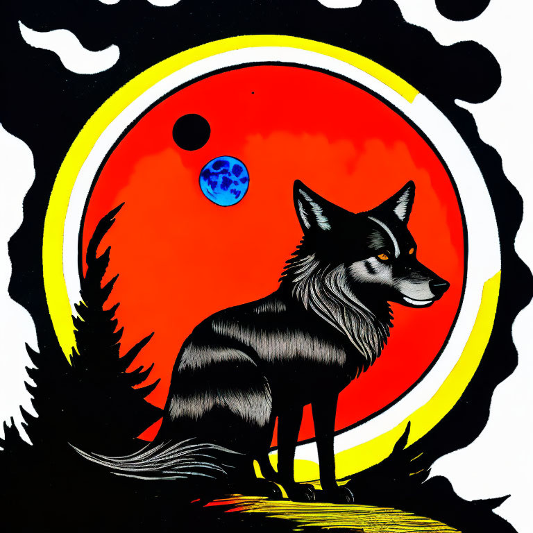 Monochrome wolf art with red sun and blue planet in nature