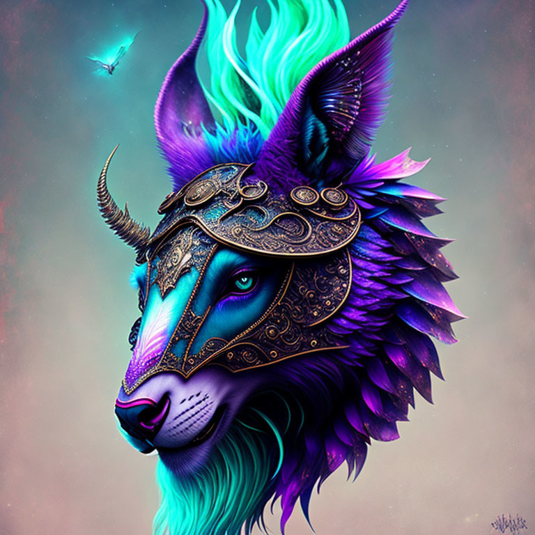 Colorful Illustration of Mystical Creature with Lion's Mane and Ornate Mask