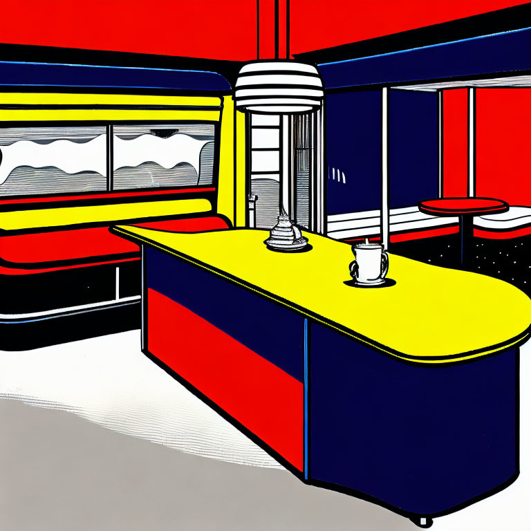 Colorful Retro Diner Interior with Curved Counter and Hanging Lamp