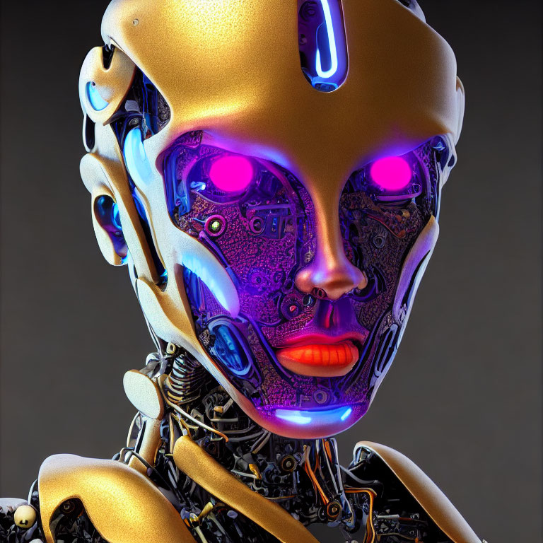 Detailed Close-Up of Futuristic Humanoid Robot with Golden Head and Glowing Red Eyes