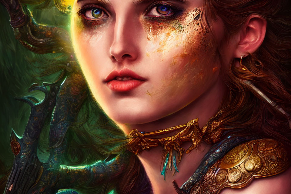 Detailed fantasy armor on woman with golden face paint and intense yellow eyes.