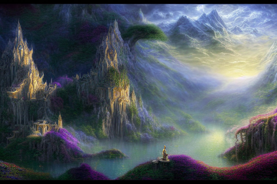 Mystical landscape with towering spires, serene lake, and figure gazing at misty mountains