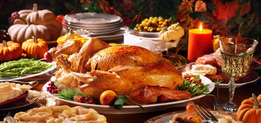 Traditional Thanksgiving Dinner Table with Roasted Turkey and Autumnal Decorations