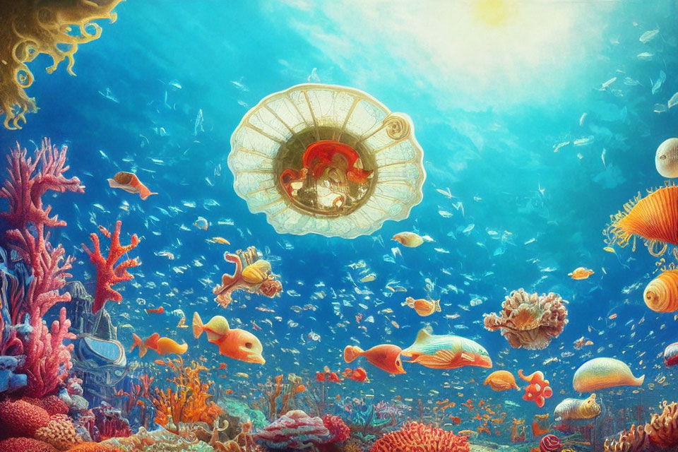 Vibrant coral reef with fish and jellyfish-like submarine in sunlit waters