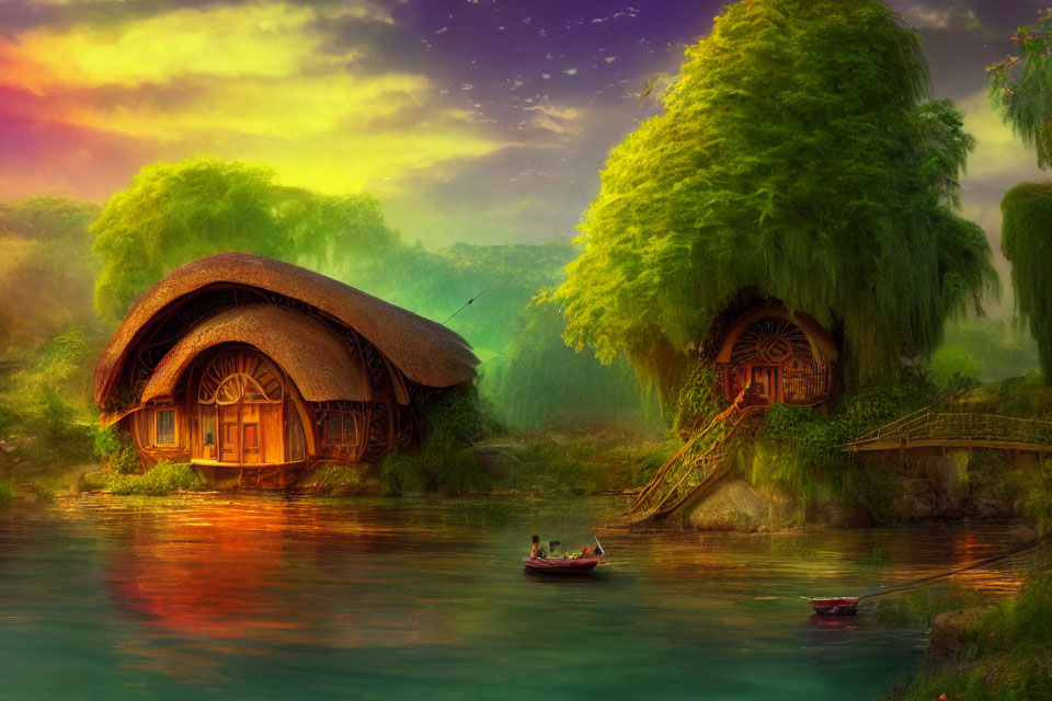 Colorful Fantasy Landscape with Thatched Cottage, River, Boat, and People