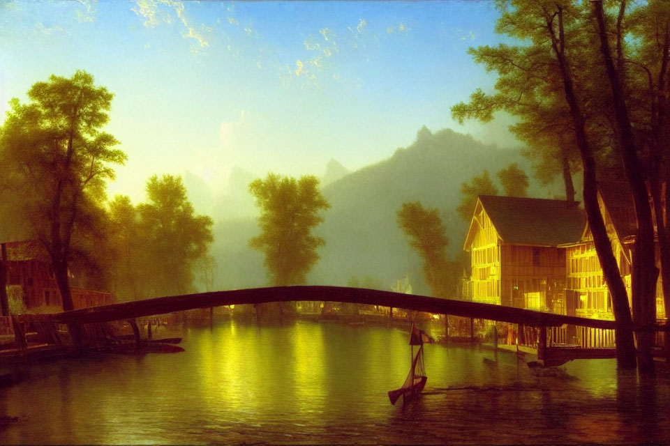 Tranquil painting of wooden bridge over calm river at sunrise