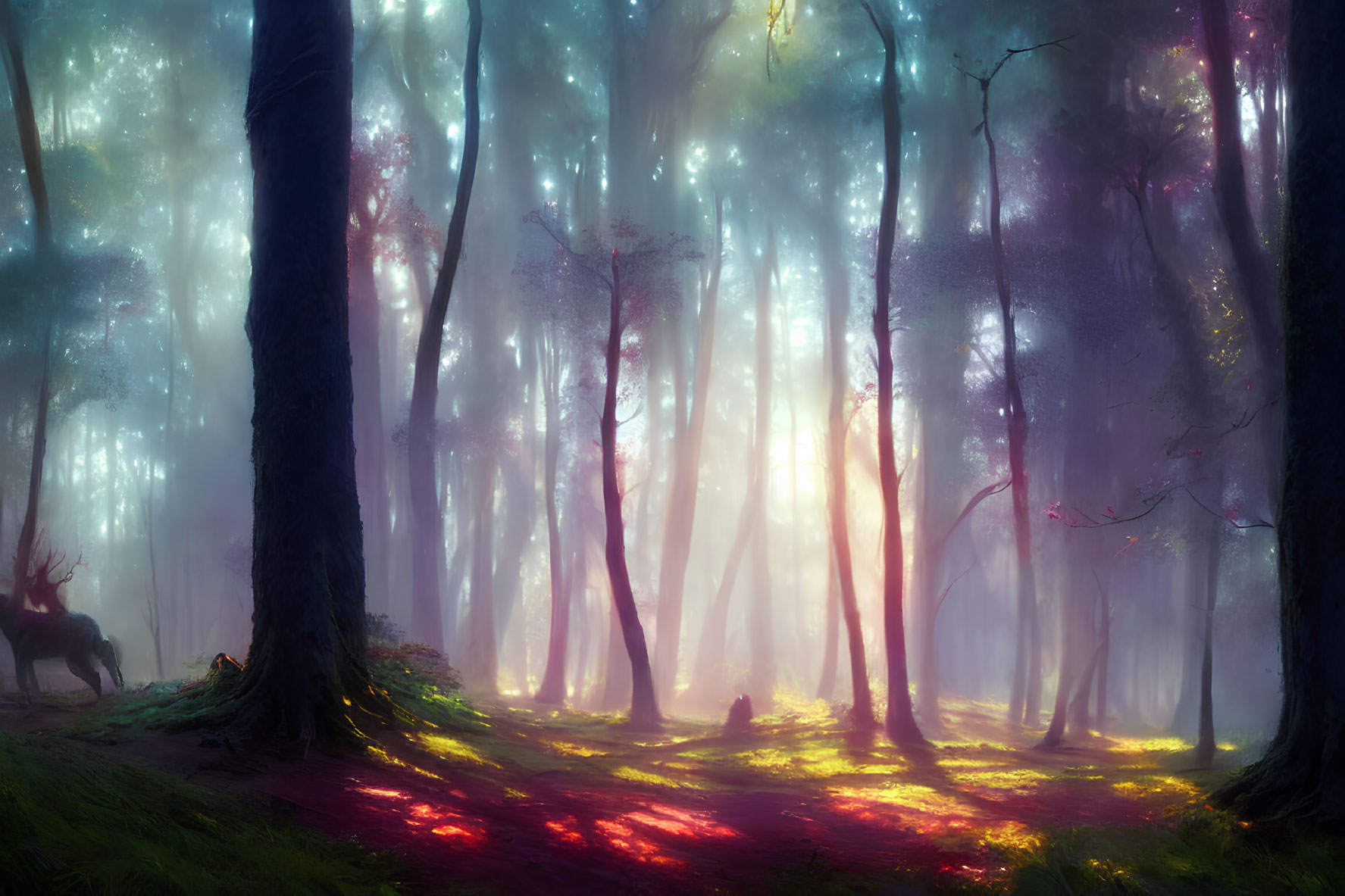 Ethereal forest with purple and pink lights, fog, and lone stag