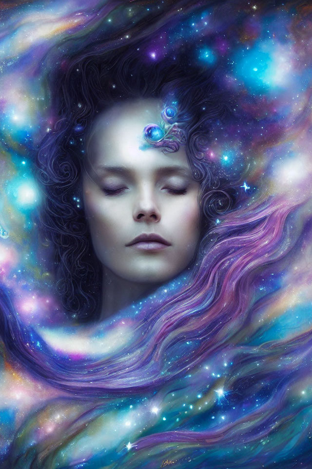 Woman blending into cosmic background with flowing hair and jewel adornment.