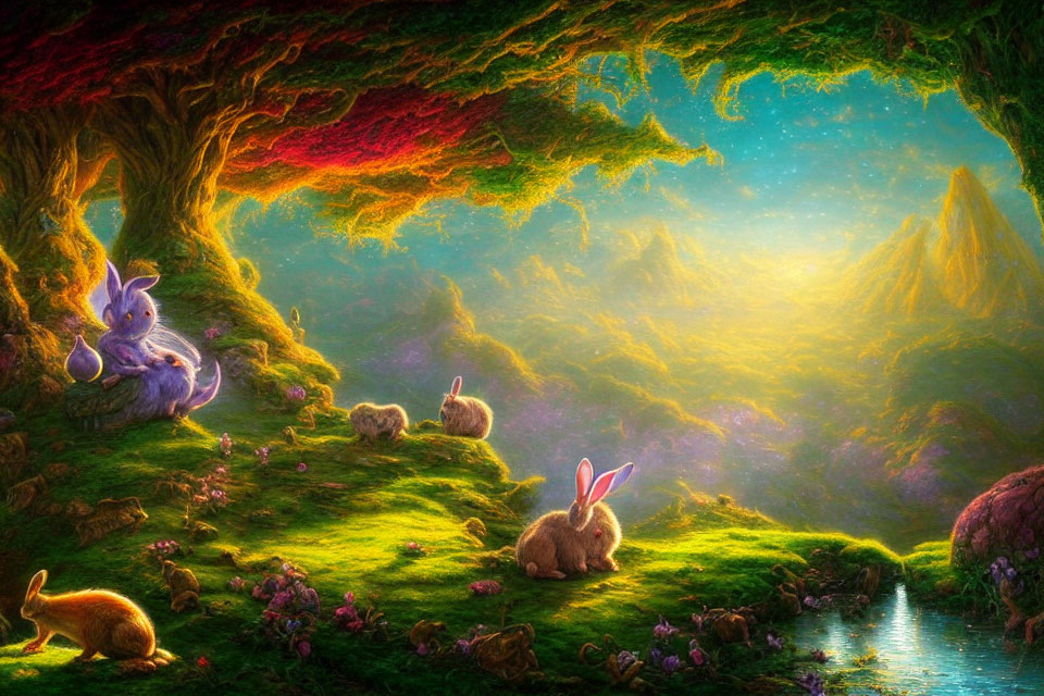 Enchanting forest scene with rabbits, vibrant flora, and serene pond