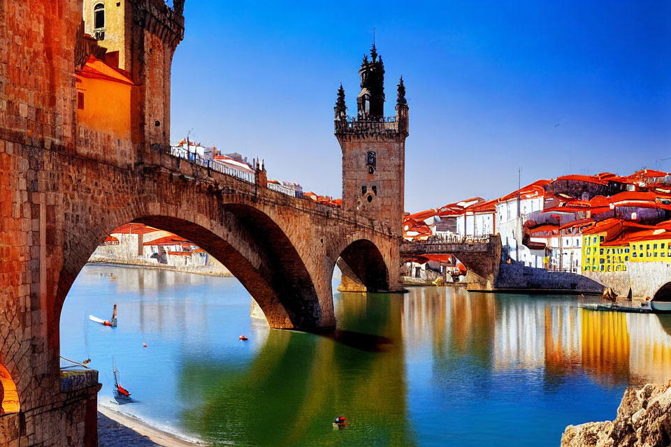 Ornate Gothic bridge over calm river with colorful buildings and boats