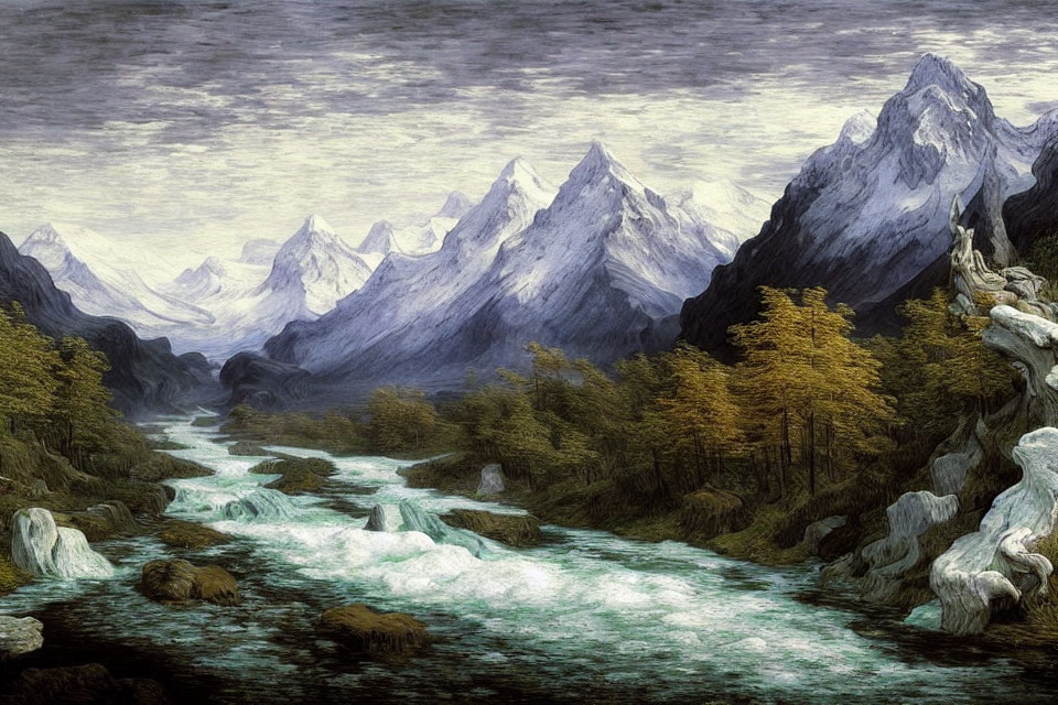 Mountainous landscape with river, lush forests, and rocky terrain