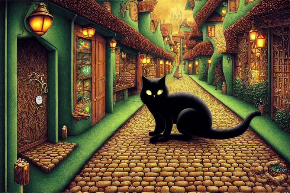 Black cat with glowing eyes in whimsical village with quirky houses