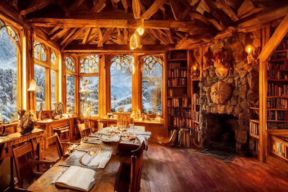 Rustic wooden cabin interior with fireplace, snowy mountain view, and cozy decor