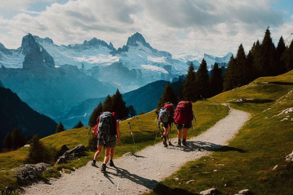 Hikers on Mountain Trail with Alpine Peaks View