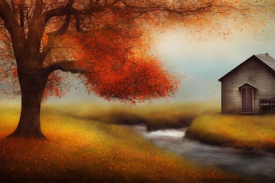 Vibrant autumn tree, rustic cabin, stream, golden foliage under warm sky