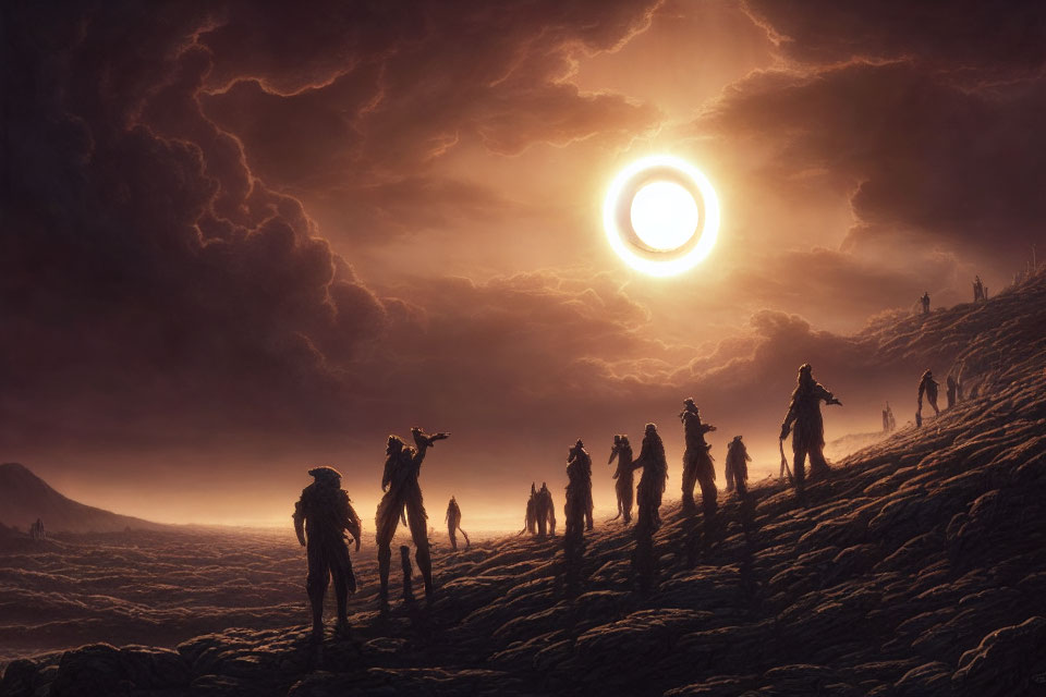 Silhouetted figures in dramatic landscape with glowing ring object