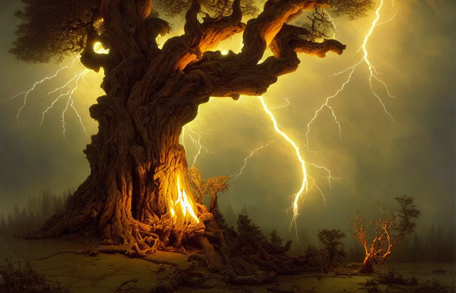 Twisted ancient tree in moody forest under lightning storm