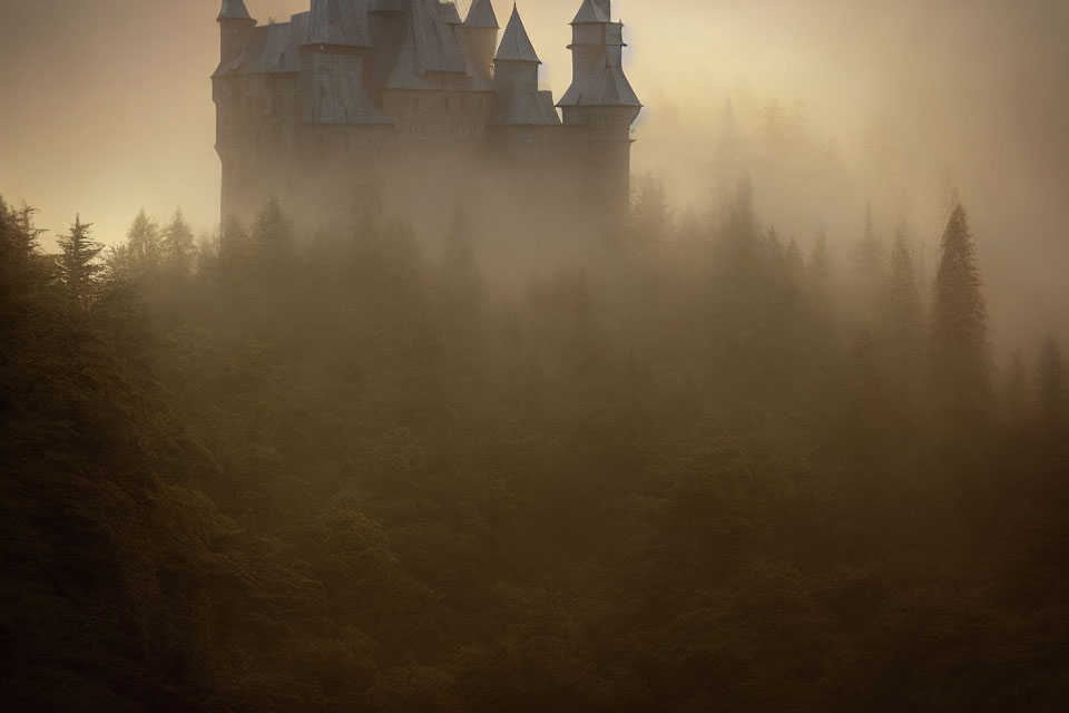 Misty forest with castle emerging in warm light