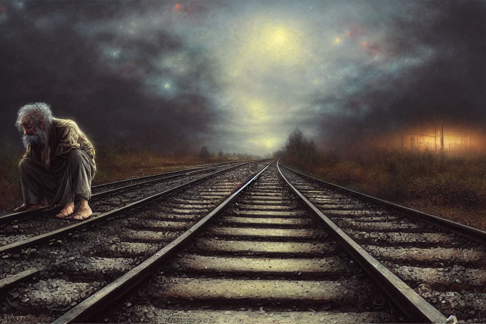 Elderly person sitting on railway track under dramatic night sky