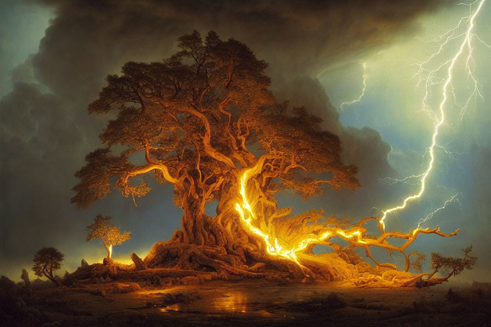 Gigantic illuminated tree in stormy sky with lightning branches