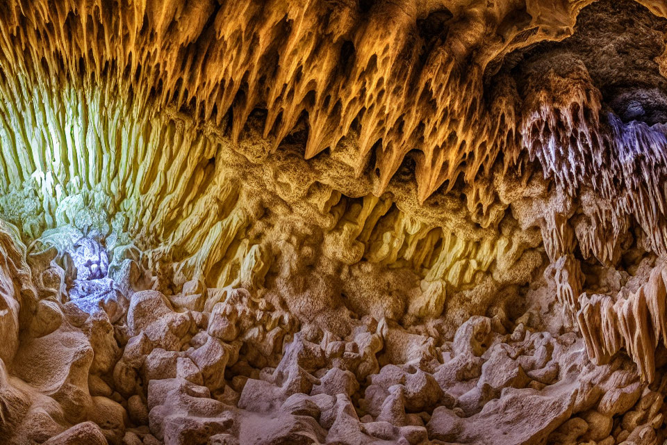 Colorful Cave Interior with Stalactites and Stalagmites in Orange and Brown Tones