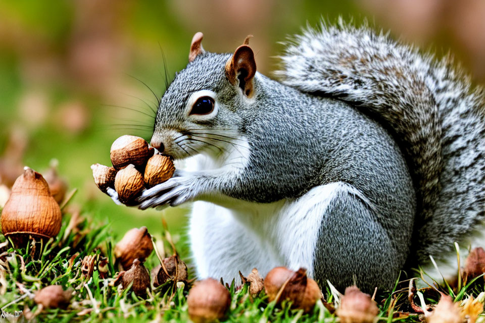 Squirrel with nut surrounded by scattered nuts on grass