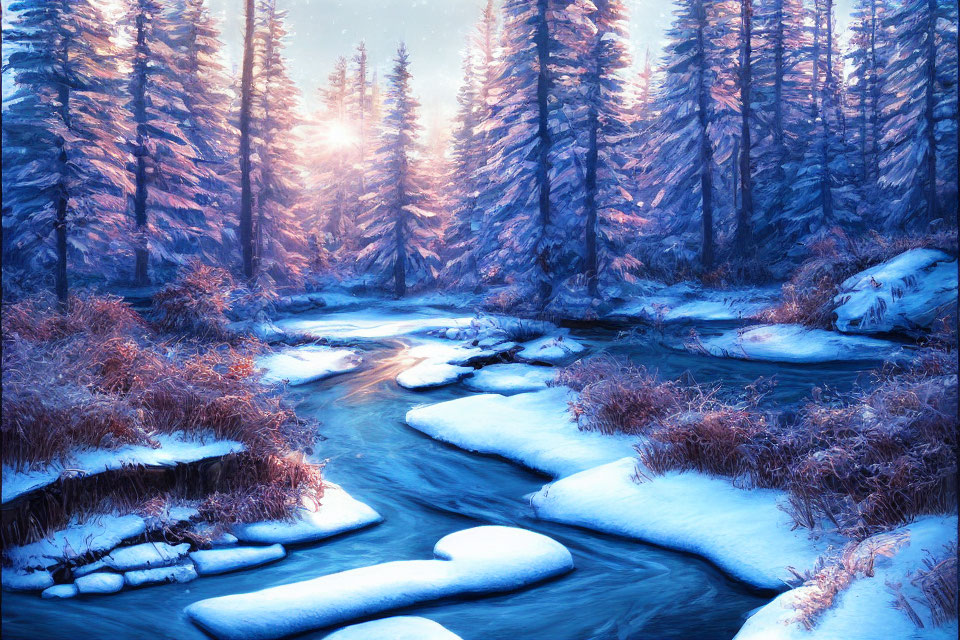 Tranquil winter landscape with stream, snow-covered forest, and setting or rising sun.