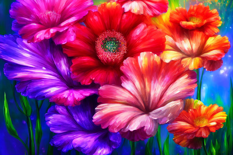 Colorful bouquet of red, pink, purple, and orange flowers on blurred background