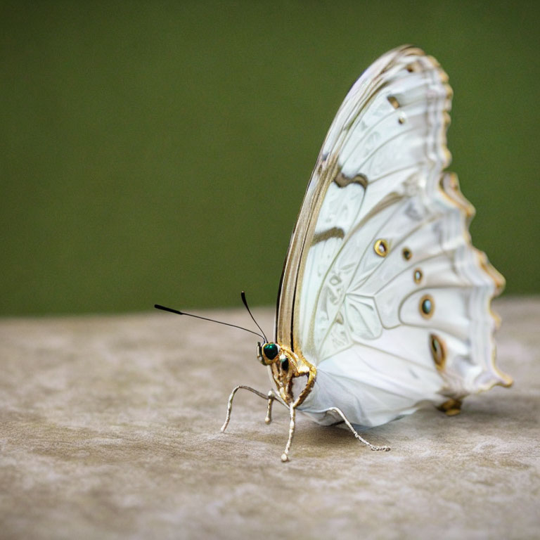 Patterned pale butterfly on green background.