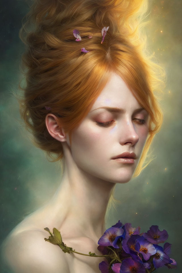 Digital painting of woman with flowing red hair and purple flowers, surrounded by dreamy background