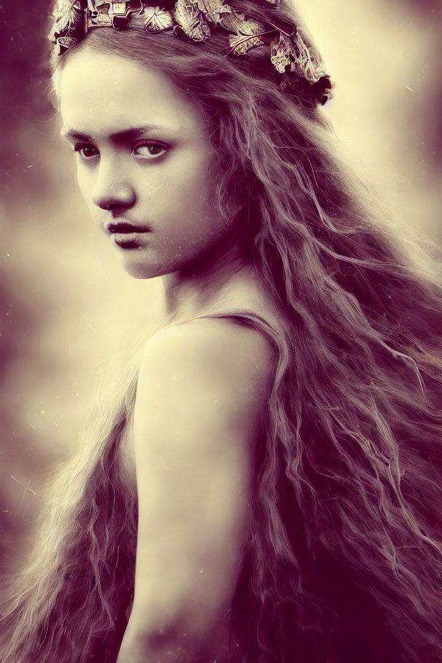 Young girl with wavy hair and crown in sepia-toned portrait