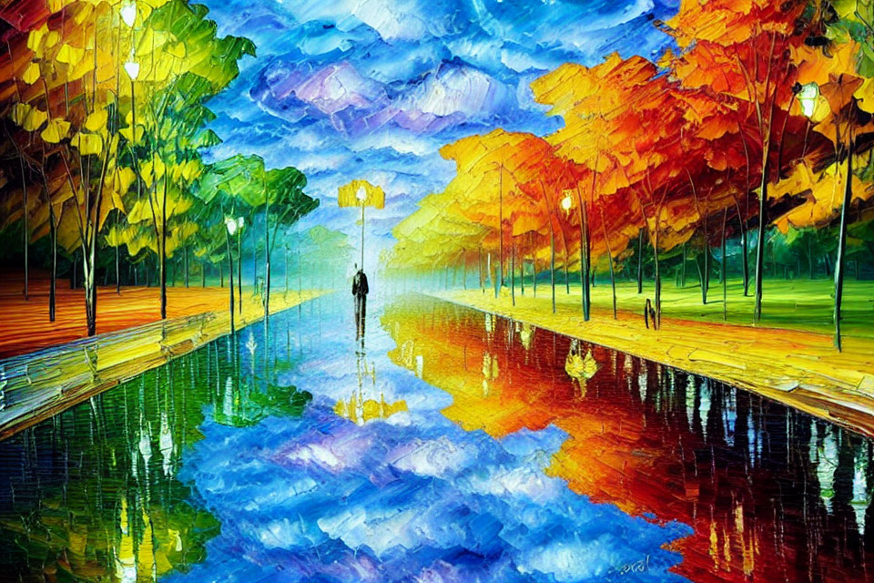 Colorful painting of person with umbrella on reflective pathway surrounded by autumn trees under cloudy sky