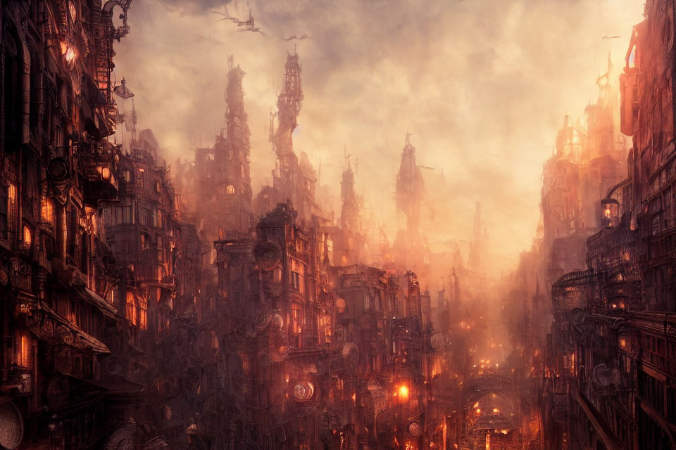 Dystopian cityscape with gothic architecture and glowing lamps