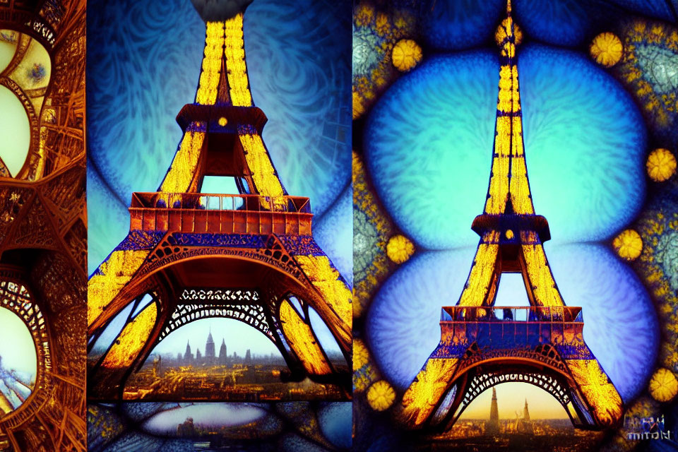 Colorful Eiffel Tower Artwork with Kaleidoscopic Backgrounds