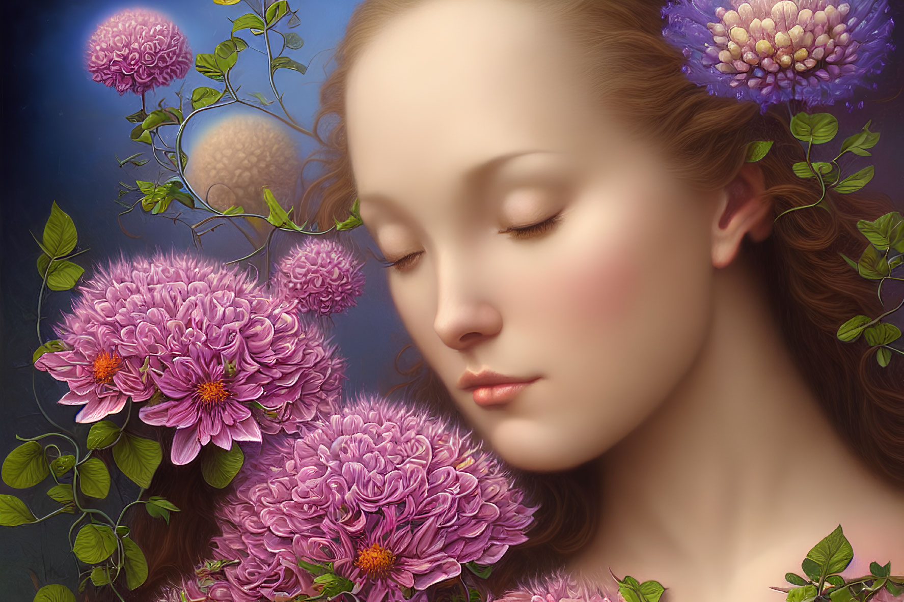 Woman with Closed Eyes Surrounded by Purple Flowers and Green Leaves