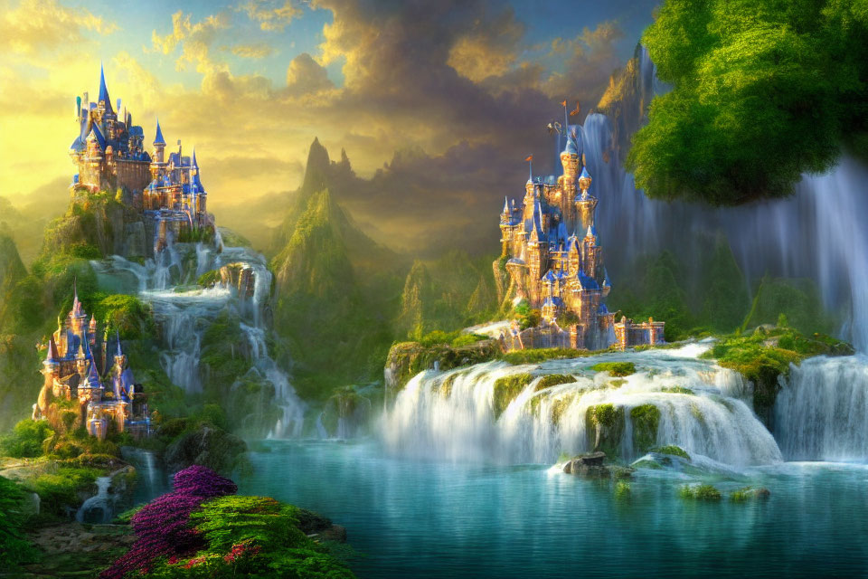 Majestic castles on lush waterfalls in vibrant sunset landscape