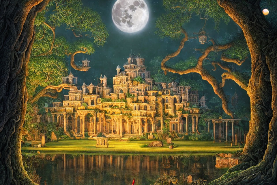 Fantastical palace in moonlit forest with calm lake