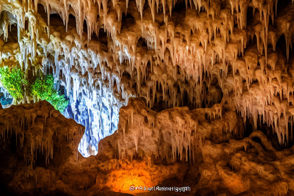 Majestic cave with stalactites and lighting transitions