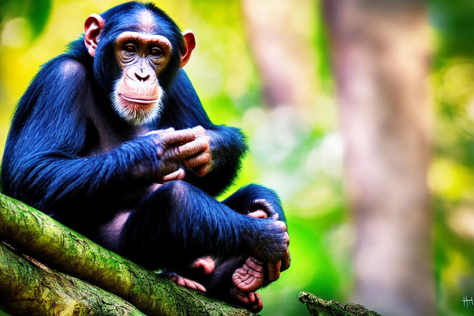 Chimpanzee sitting on tree limb in lush forest