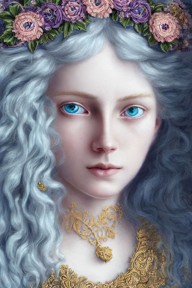 Digital Artwork: Woman with Pale Skin, Blue Eyes, Grey Hair, Floral Headband, Gold