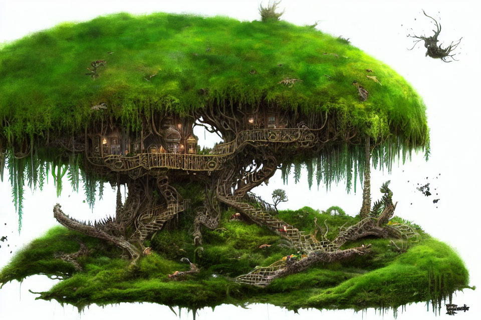 Fantasy treehouse illustration in lush tree with hanging gardens