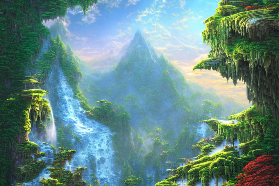 Fantasy landscape with waterfalls, cliffs, and vibrant flora