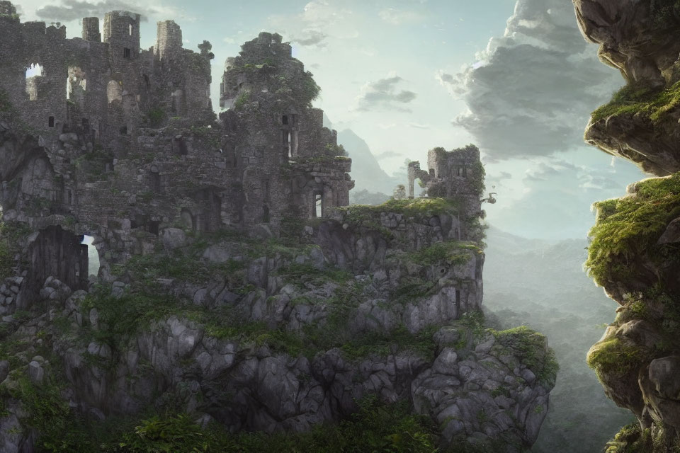 Ancient ruins on jagged cliffs in lush greenery with floating stone formations