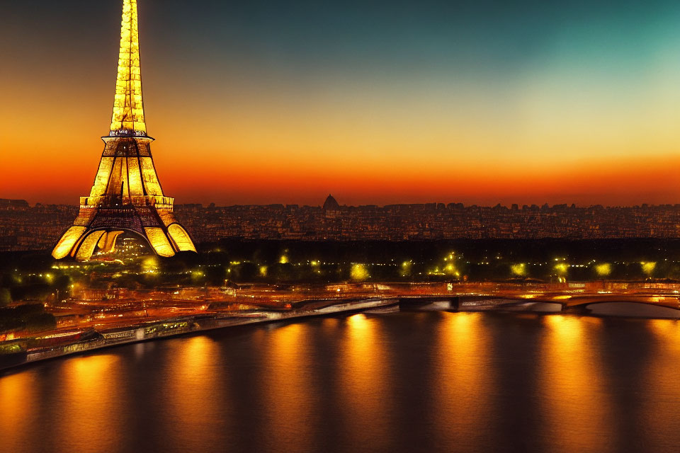 Iconic Eiffel Tower Twilight Reflection in Seine River