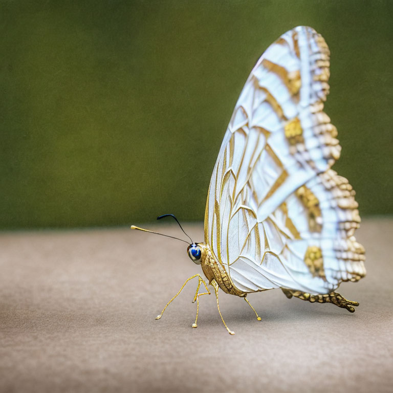 Detailed Close-Up of White and Brown Butterfly on Green Background