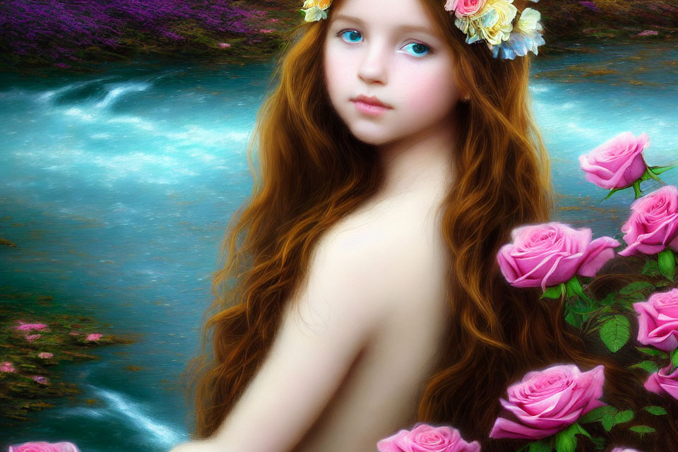 Portrait of young woman with wavy hair and floral crown beside pink roses and blue river